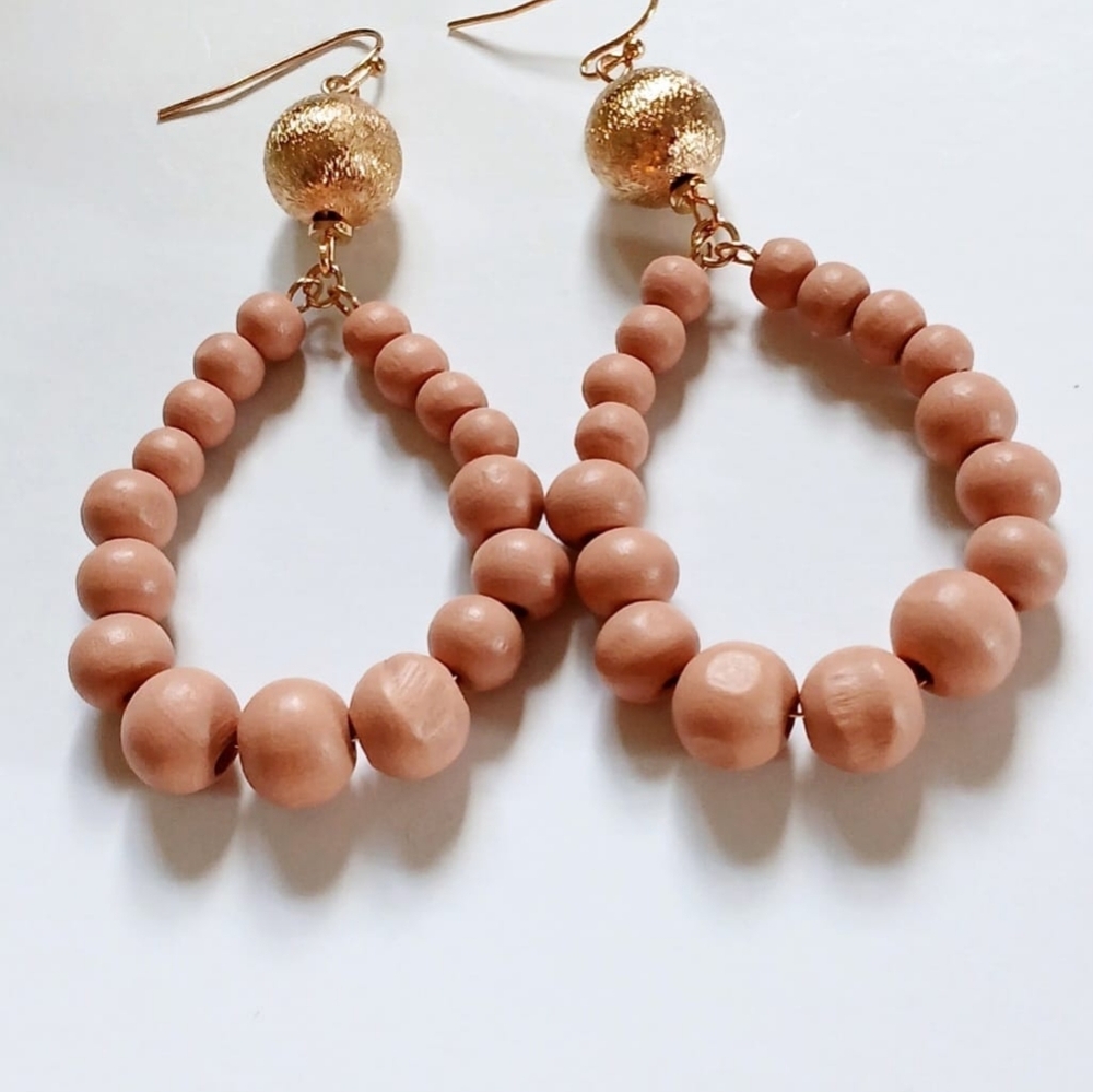 Resin Teardrop Earrings: Boho Wood Bead Dangle, Handmade